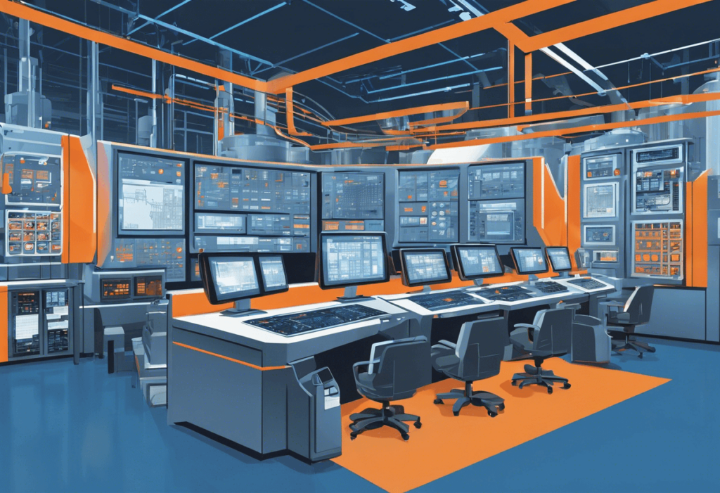 Centre de contrôle industriel moderne avec des panneaux de commande et des écrans multiples affichant des graphiques et des données opérationnelles, illustrant la sophistication des systèmes de gestion de production (MES) et la planification des ressources d'entreprise (ERP) dans les entreprises industrielles.